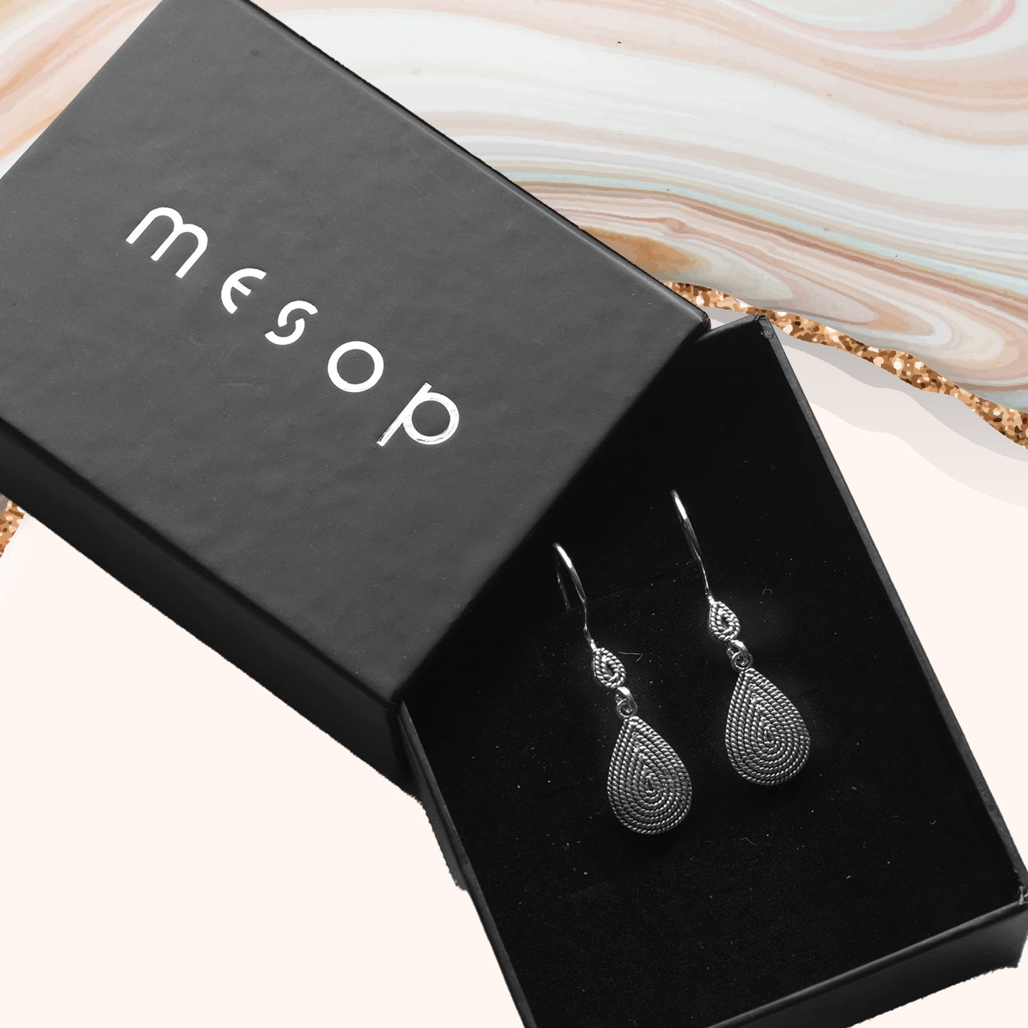 MESOP Teardrop Womens Silver Earrings, 925 Sterling Silver Drop Earrings, Timeless Mesopotamia History Inspired, Fluted Filigree Dangle Earrings and Valentines Day Gift